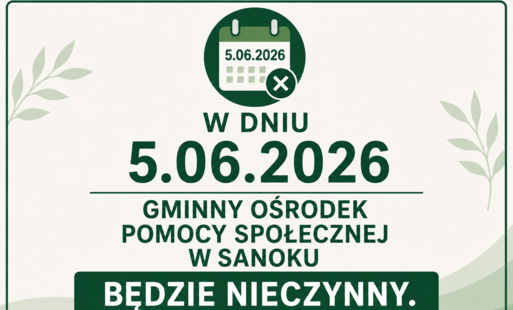 Obraz zawiera komunikat że gops będzie nieczynny dnia 5.06.2026