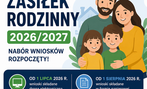 Grafika przedstawia rodzine i informacje ze rusza nabór wniosków na zasiłek rodzinny 